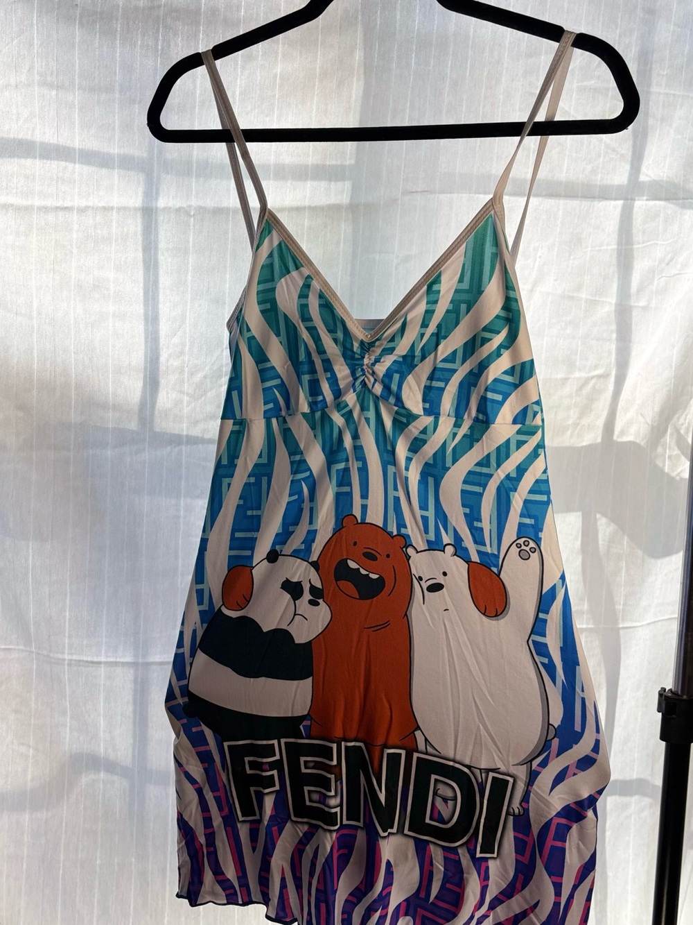 Fendi Blue White Graphic Slip Dress with Multicolor Bear Print